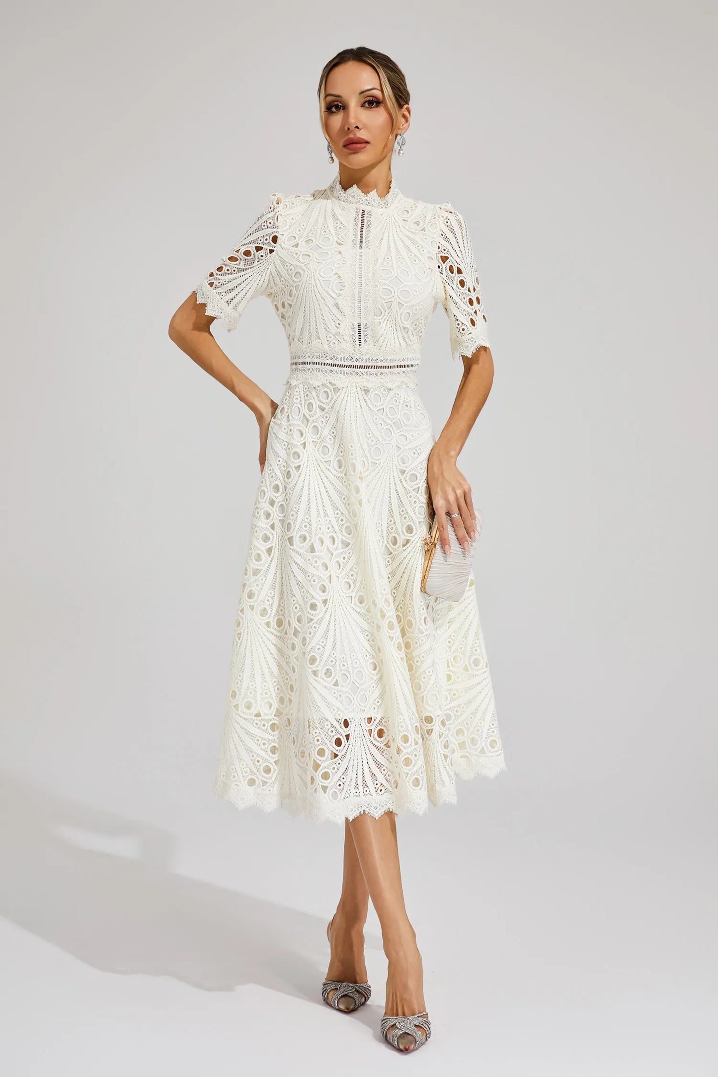 Rieke | Women's Elegant Lace Pattern Midi Dress