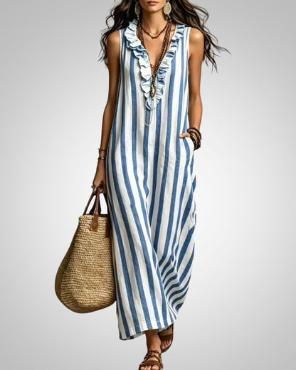 Christine | Women's Striped Sleeveless Ruffle Maxi Dress