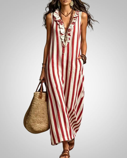 Christine | Women's Striped Sleeveless Ruffle Maxi Dress