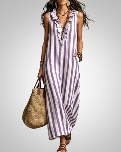 Christine | Women's Striped Sleeveless Ruffle Maxi Dress