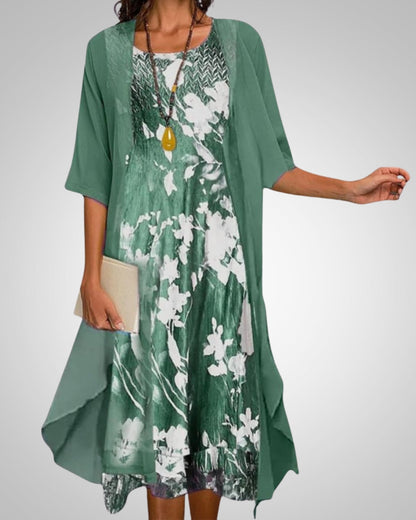 Danica | Women's Printed Boho Midi Dress With Cardigan Set
