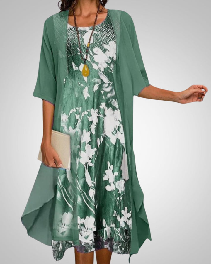 Danica | Women's Printed Boho Midi Dress With Cardigan Set