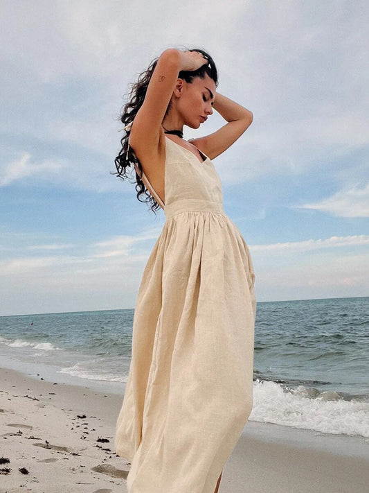 Sharon | Women's Linen Holiday Spaghetti Straps Dress