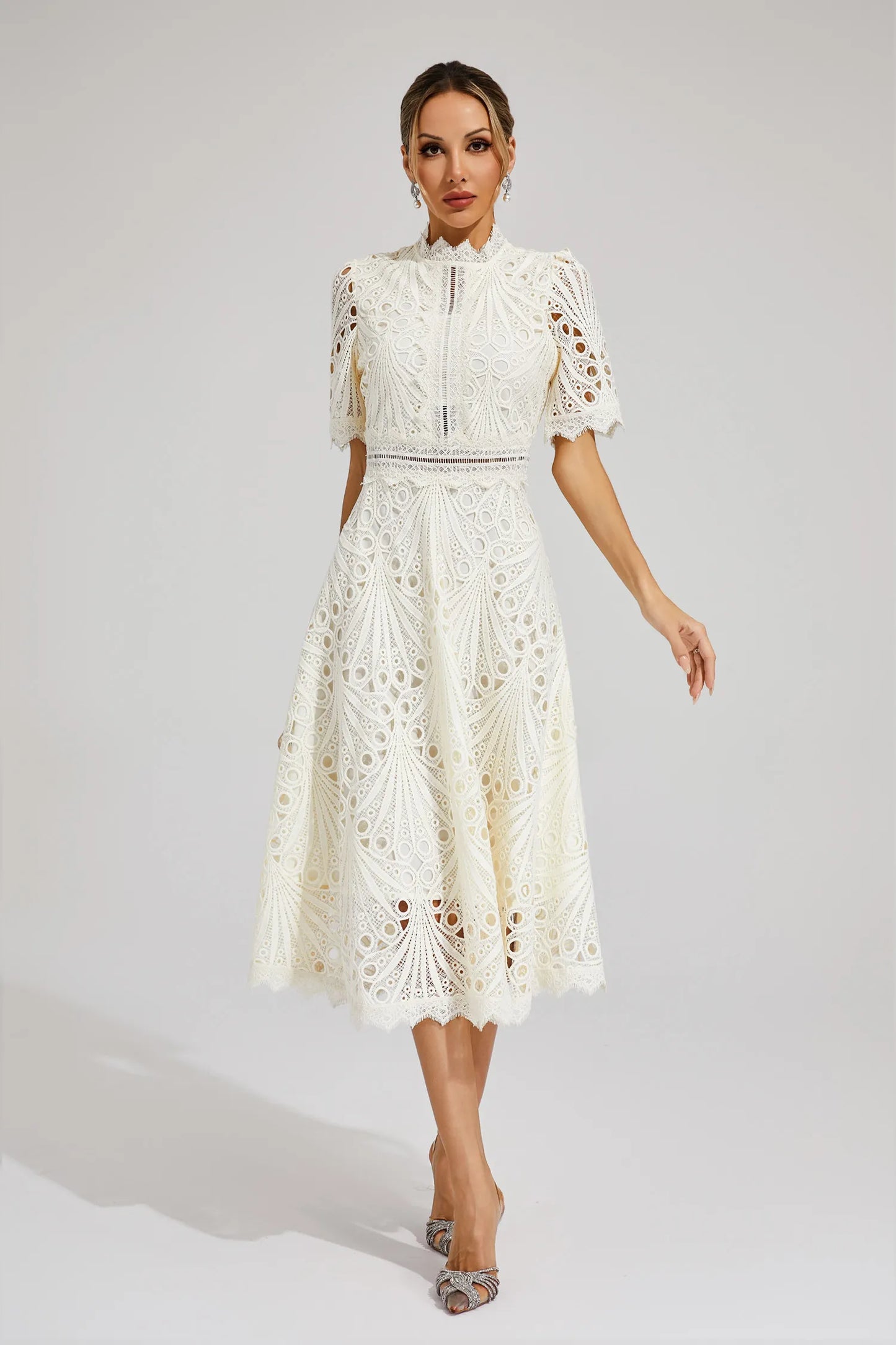 Rieke | Women's Elegant Lace Pattern Midi Dress