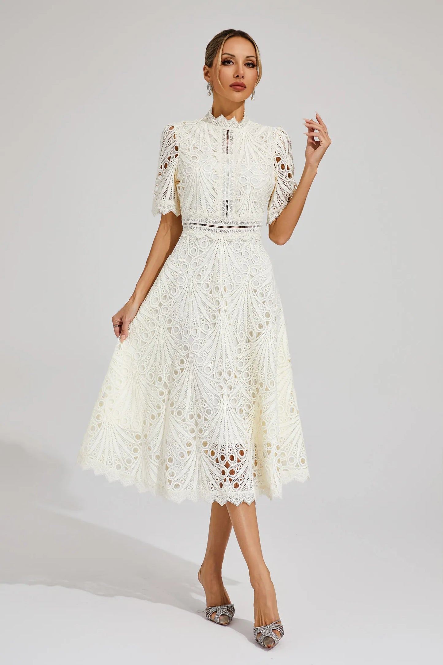 Rieke | Women's Elegant Lace Pattern Midi Dress