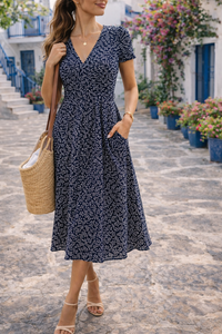 Lily | Women's Printed V-neck Midi Dress With Short Sleeves