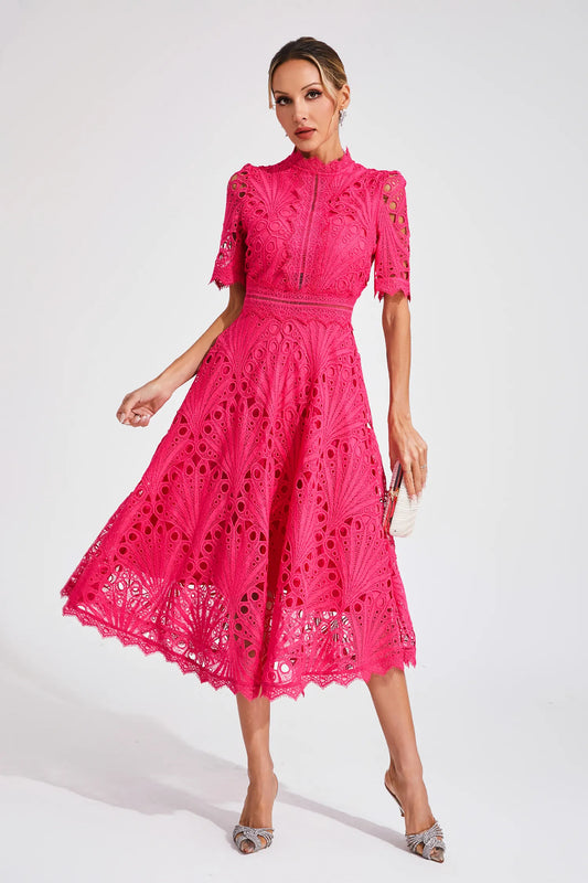 Rieke | Women's Elegant Lace Pattern Midi Dress