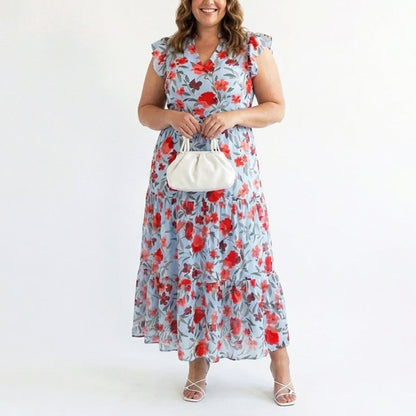Natasha | Women's Floral V-Neck Ruffle Sleeve Dress
