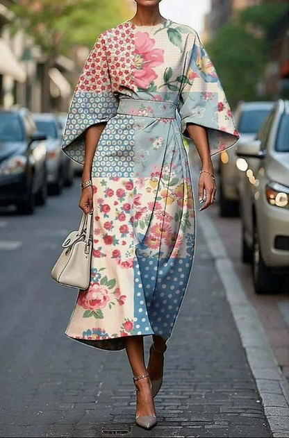 Catrin | Women's Elegant Printed Midi Dress With Kimono Sleeves