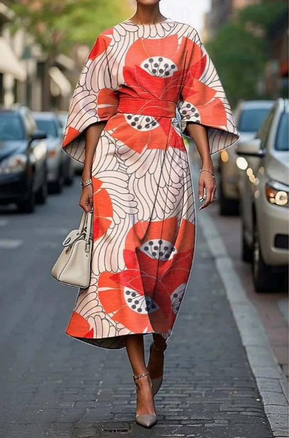Catrin | Women's Elegant Printed Midi Dress With Kimono Sleeves