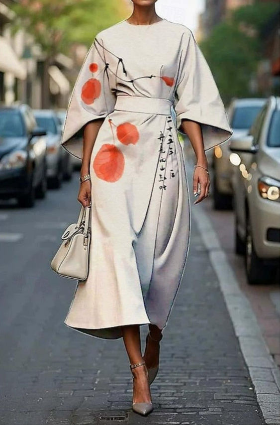 Catrin | Women's Elegant Printed Midi Dress With Kimono Sleeves