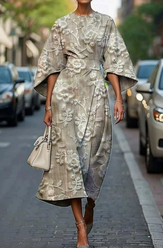 Catrin | Women's Elegant Printed Midi Dress With Kimono Sleeves