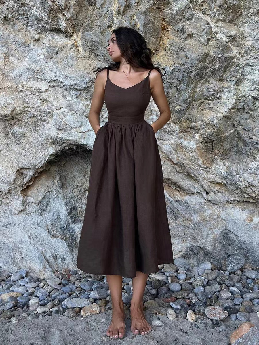 Sharon | Women's Linen Holiday Spaghetti Straps Dress