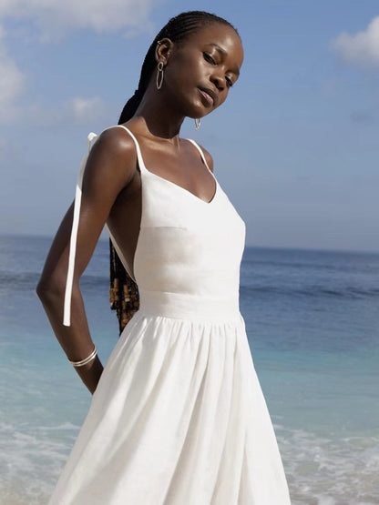 Sharon | Women's Linen Holiday Spaghetti Straps Dress