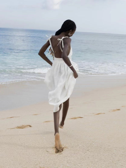 Sharon | Women's Linen Holiday Spaghetti Straps Dress