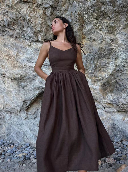 Sharon | Women's Linen Holiday Spaghetti Straps Dress