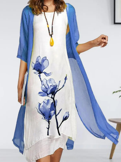 Celeste | Women's Layered Sleeveless Midi Dress With Chiffon Cardigan Set