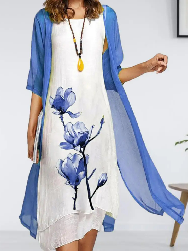 Celeste | Women's Layered Sleeveless Midi Dress With Chiffon Cardigan Set