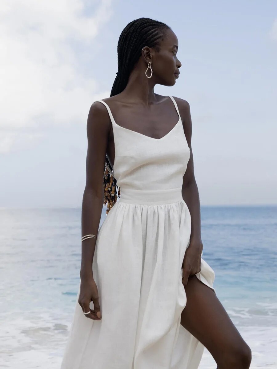 Sharon | Women's Linen Holiday Spaghetti Straps Dress