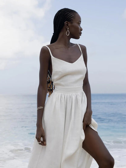 Sharon | Women's Linen Holiday Spaghetti Straps Dress