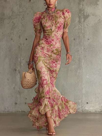 Victoria | Women's Floral Mock Neck Maxi Dress With Puffed Sleeves