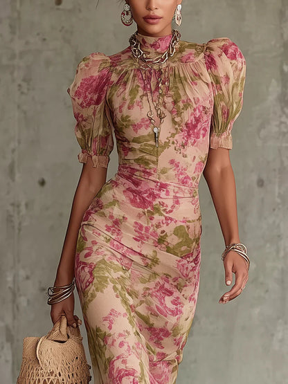 Victoria | Women's Floral Mock Neck Maxi Dress With Puffed Sleeves