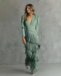 Sharon | Women's Festive V-Neck Fringe Midi Dress