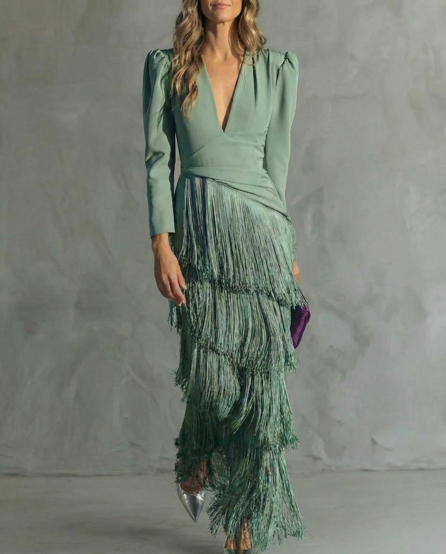 Sharon | Women's Festive V-Neck Fringe Midi Dress