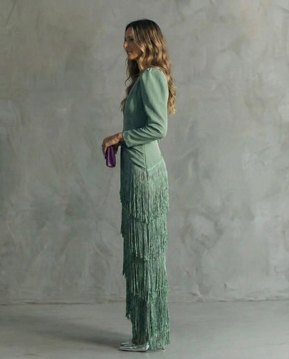 Sharon | Women's Festive V-Neck Fringe Midi Dress