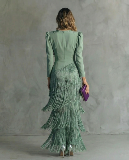 Sharon | Women's Festive V-Neck Fringe Midi Dress