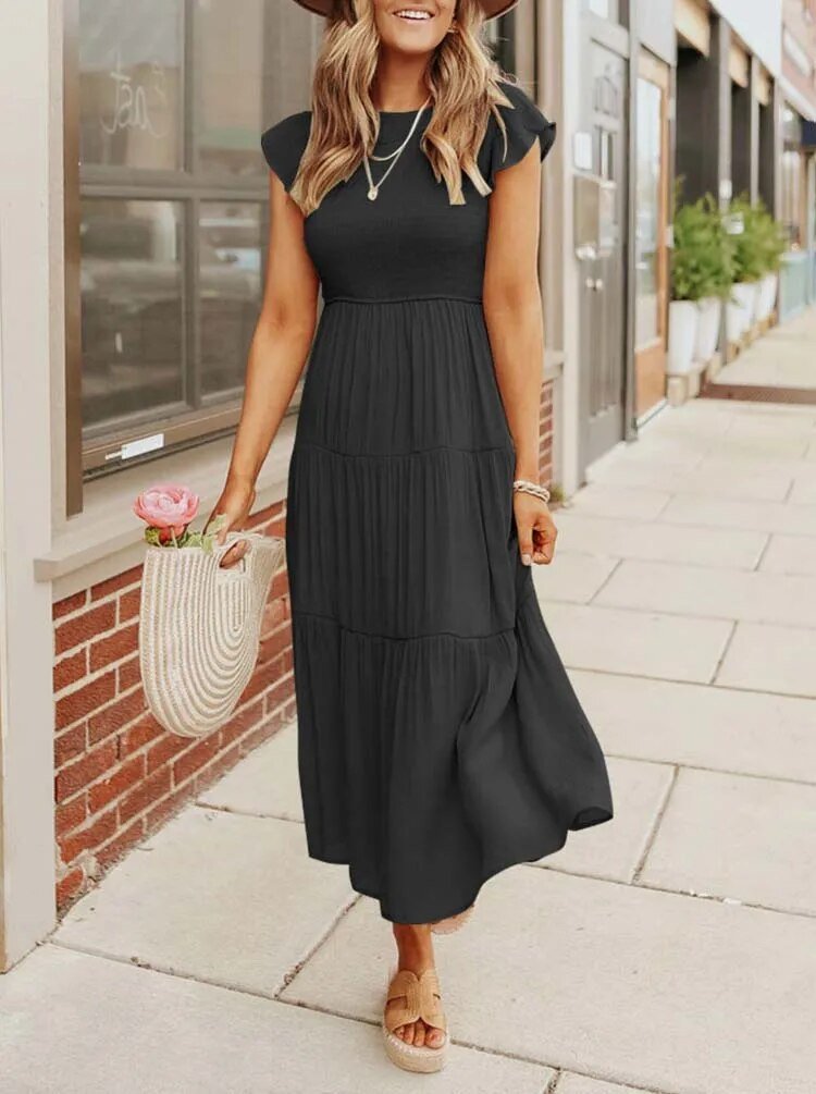 Rahel | Women's Casual Midi Dress with Ruffled Sleeves