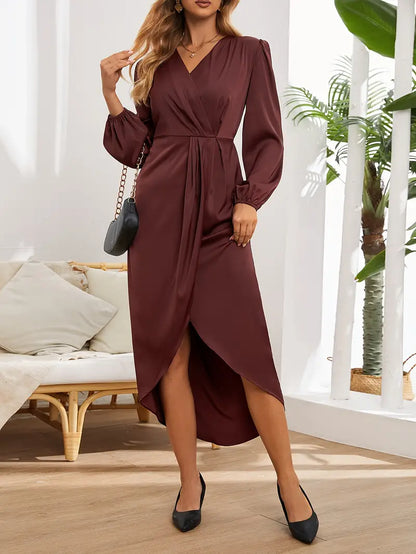 Patricia | Women's Elegant Satin V-neck Dress With Long Sleeves