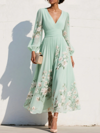 Lysithea | Women's Summer Floral V-neck Dress With Long Sleeves