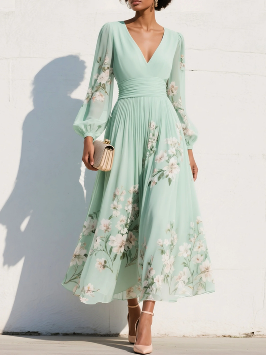 Lysithea | Women's Summer Floral V-neck Dress With Long Sleeves