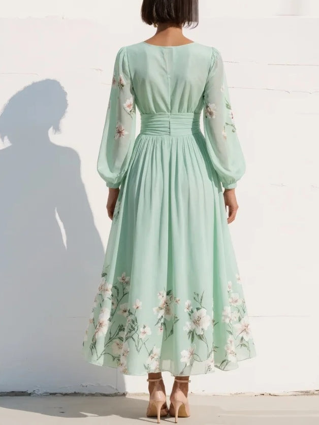 Lysithea | Women's Summer Floral V-neck Dress With Long Sleeves