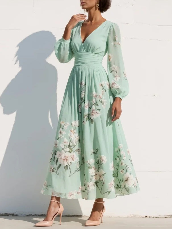 Lysithea | Women's Summer Floral V-neck Dress With Long Sleeves
