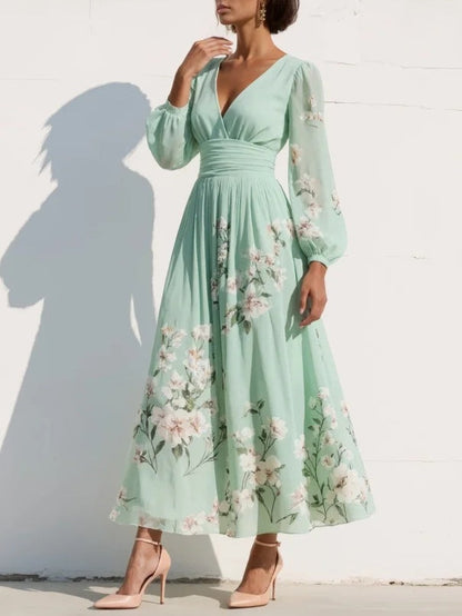 Lysithea | Women's Summer Floral V-neck Dress With Long Sleeves