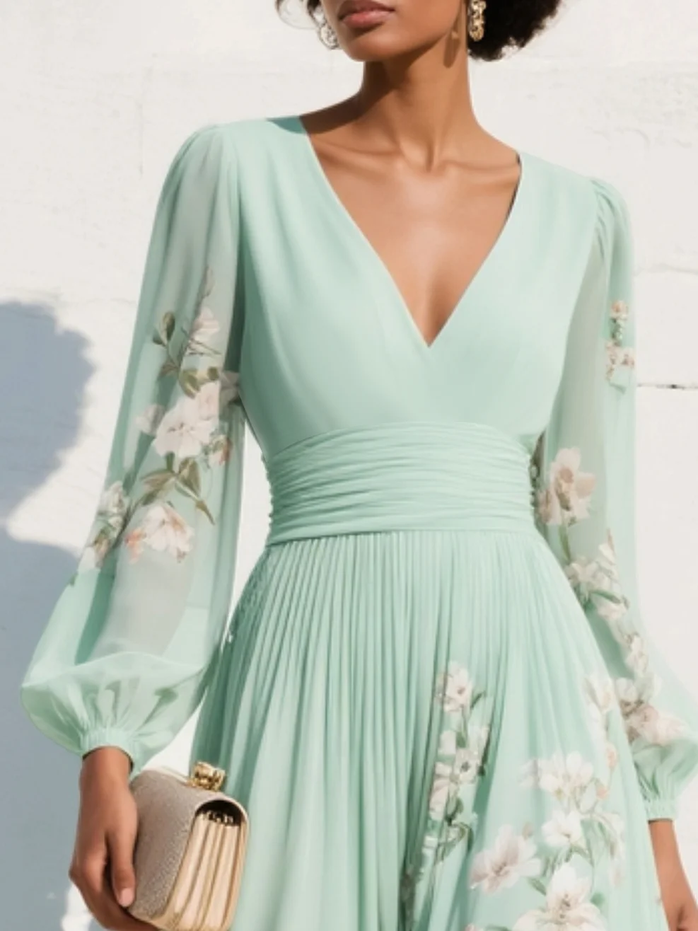 Lysithea | Women's Summer Floral V-neck Dress With Long Sleeves