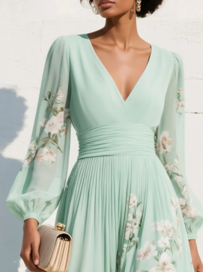 Lysithea | Women's Summer Floral V-neck Dress With Long Sleeves