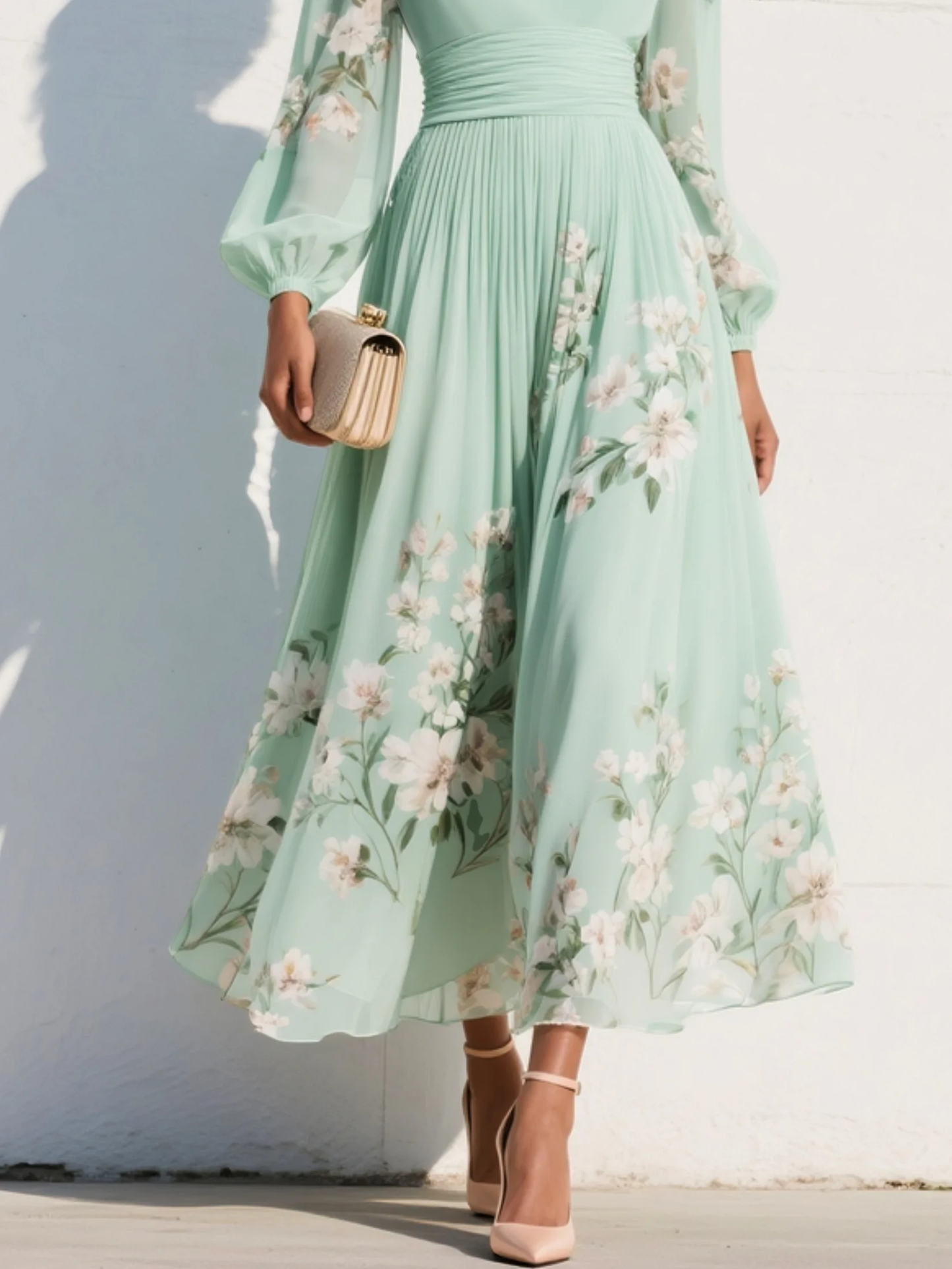 Lysithea | Women's Summer Floral V-neck Dress With Long Sleeves