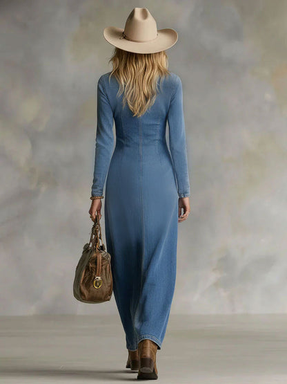 Deborah | Women's Denim V-Neck Maxi Dress