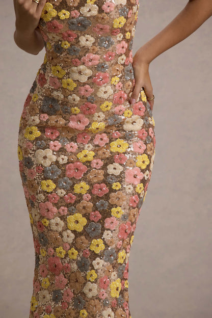 Joanna | Women's Floral Glitter Bodycon Maxi Dress