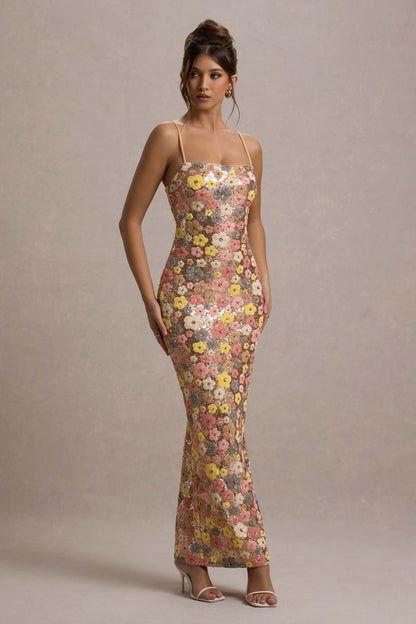 Joanna | Women's Floral Glitter Bodycon Maxi Dress