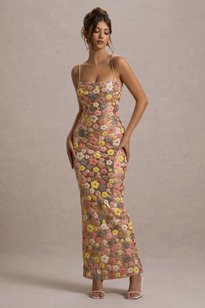 Joanna | Women's Floral Glitter Bodycon Maxi Dress