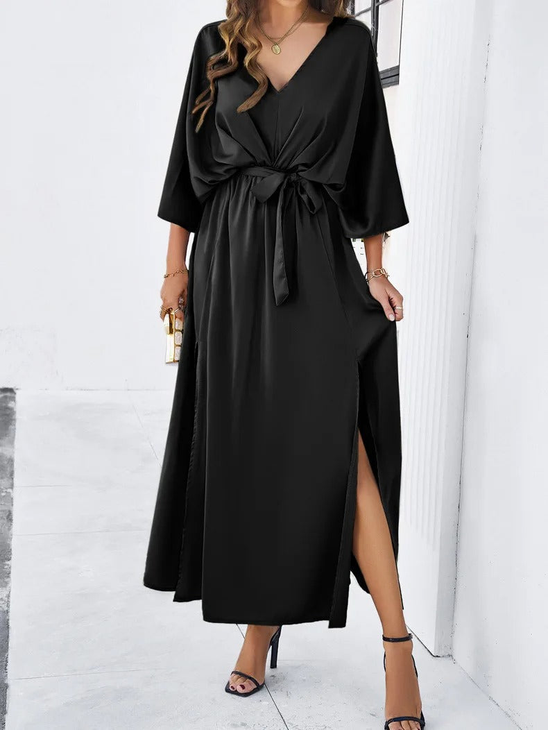 Amina | Women's Elegant Satin Wrap Dress With Side Slit