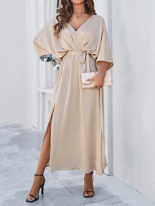 Amina | Women's Elegant Satin Wrap Dress With Side Slit