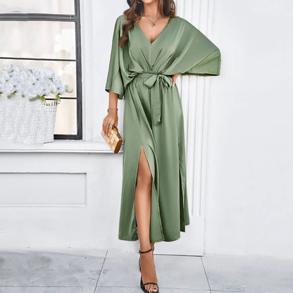 Amina | Women's Elegant Satin Wrap Dress With Side Slit